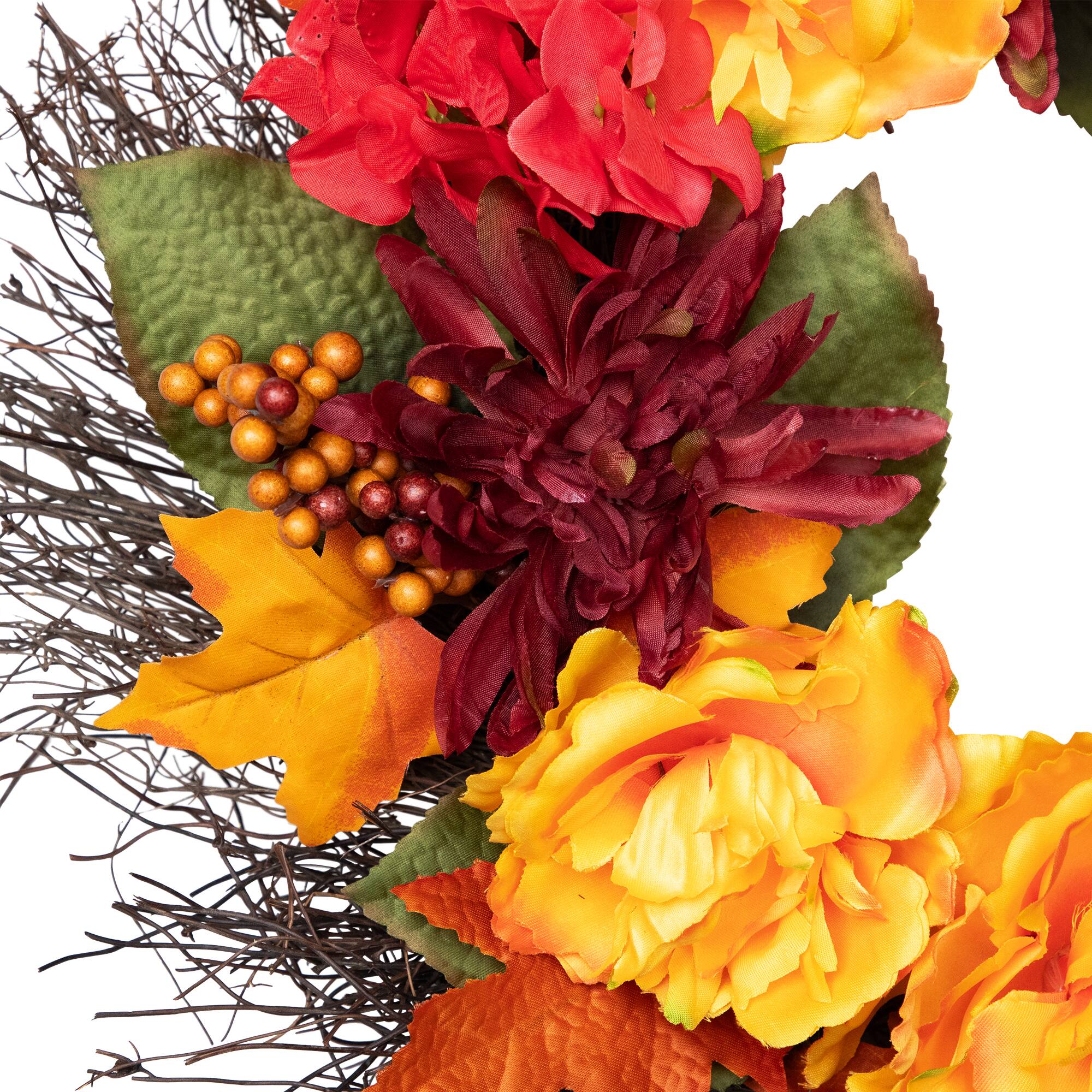 24" Autumn Harvest Peony, Mum & Feather Thanksgiving Wreath, Unlit